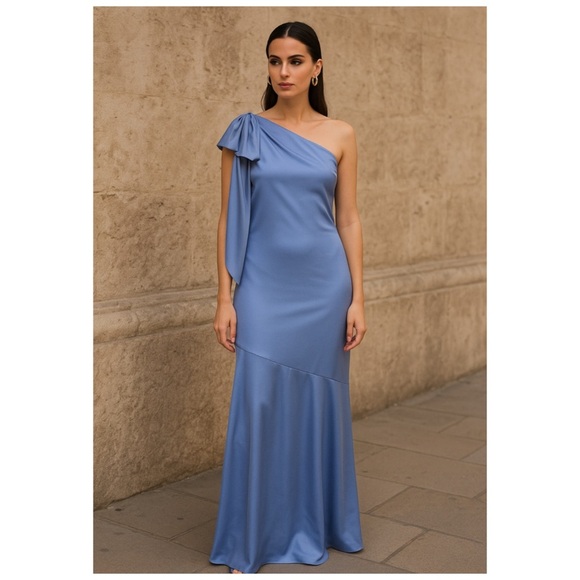 AIDAN MATTOX Satin Asymmetric One Shoulder Mermaid Maxi Gown Size 14 Blue NWT - Picture 2 of 12